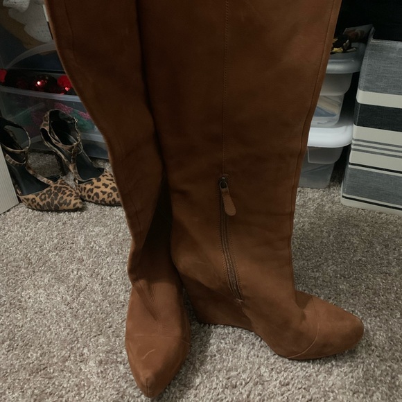 Fairly Used Cognac Brown Suede Platform Wedge Boot - Picture 1 of 6